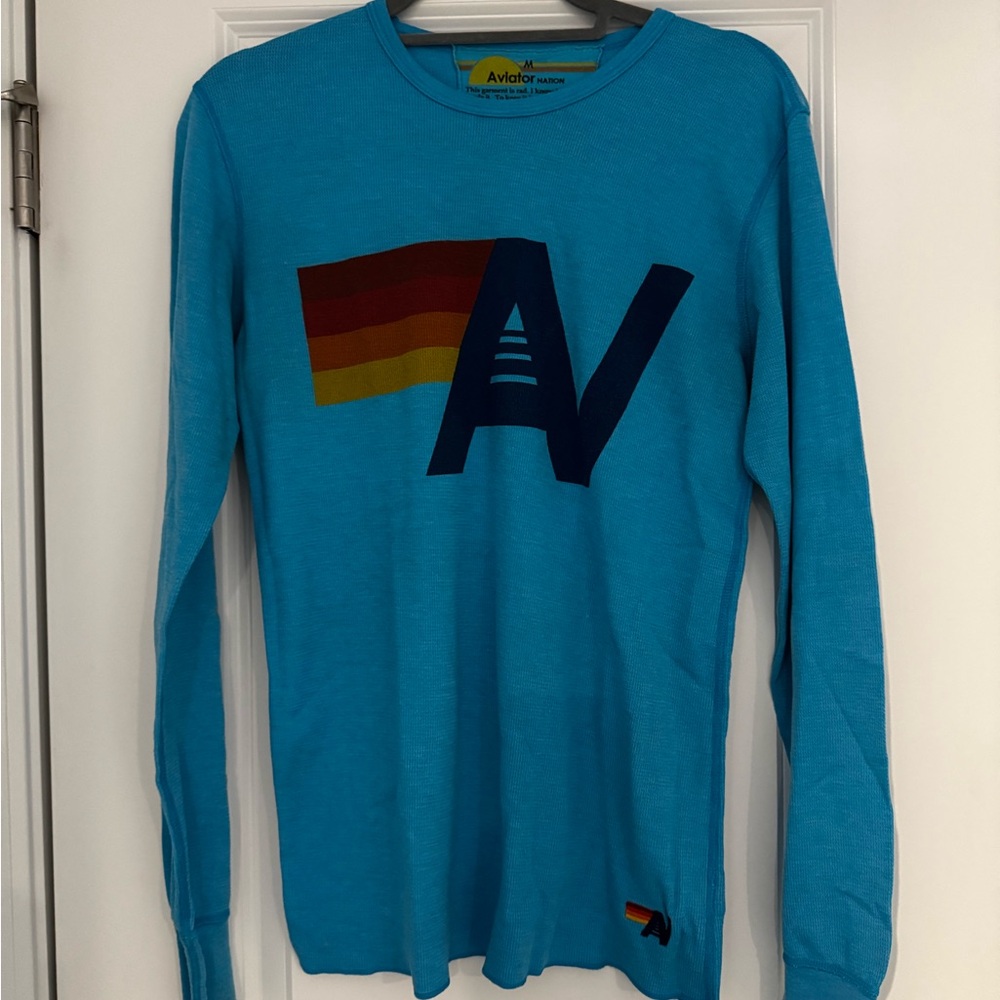 Aviator Nation Blue Long Sleeve Tee with Multicolor Logo